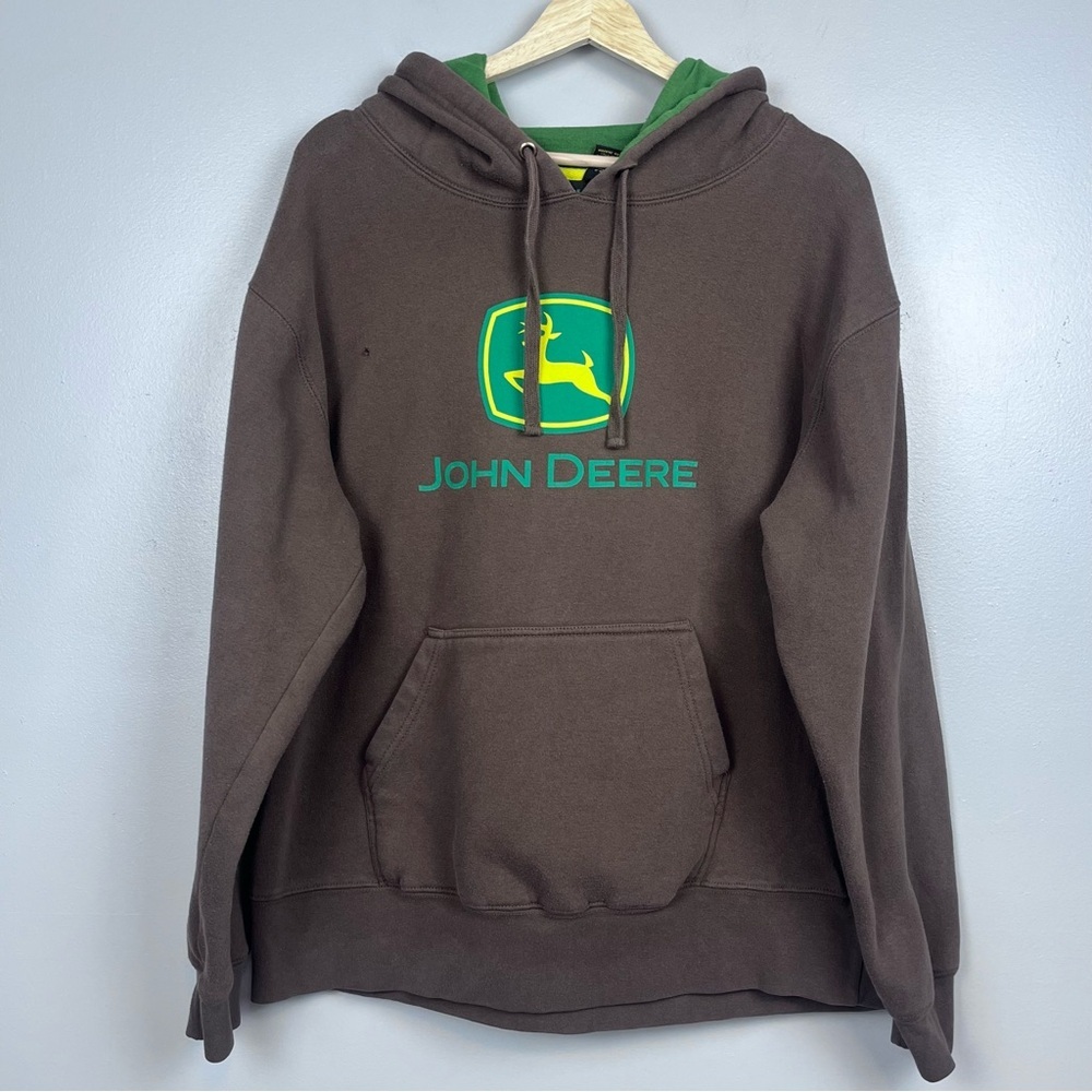 John Deere Men's Hooded Graphic Print Spellout Sweatshirt Size L; Farm, Tractor